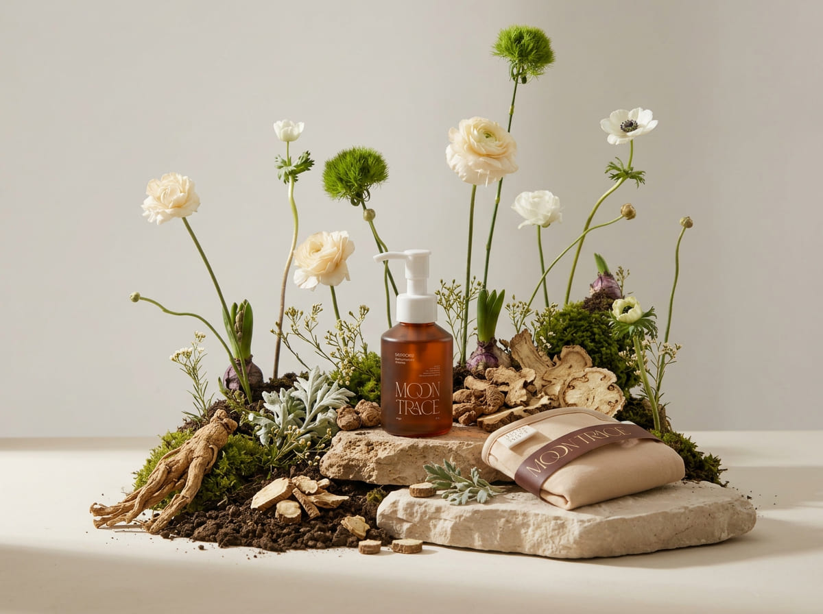 the moon trace herbal ingredients including castor seed, mugwort, dong quai, atractylodes, and peony used in traditional chinese medicine