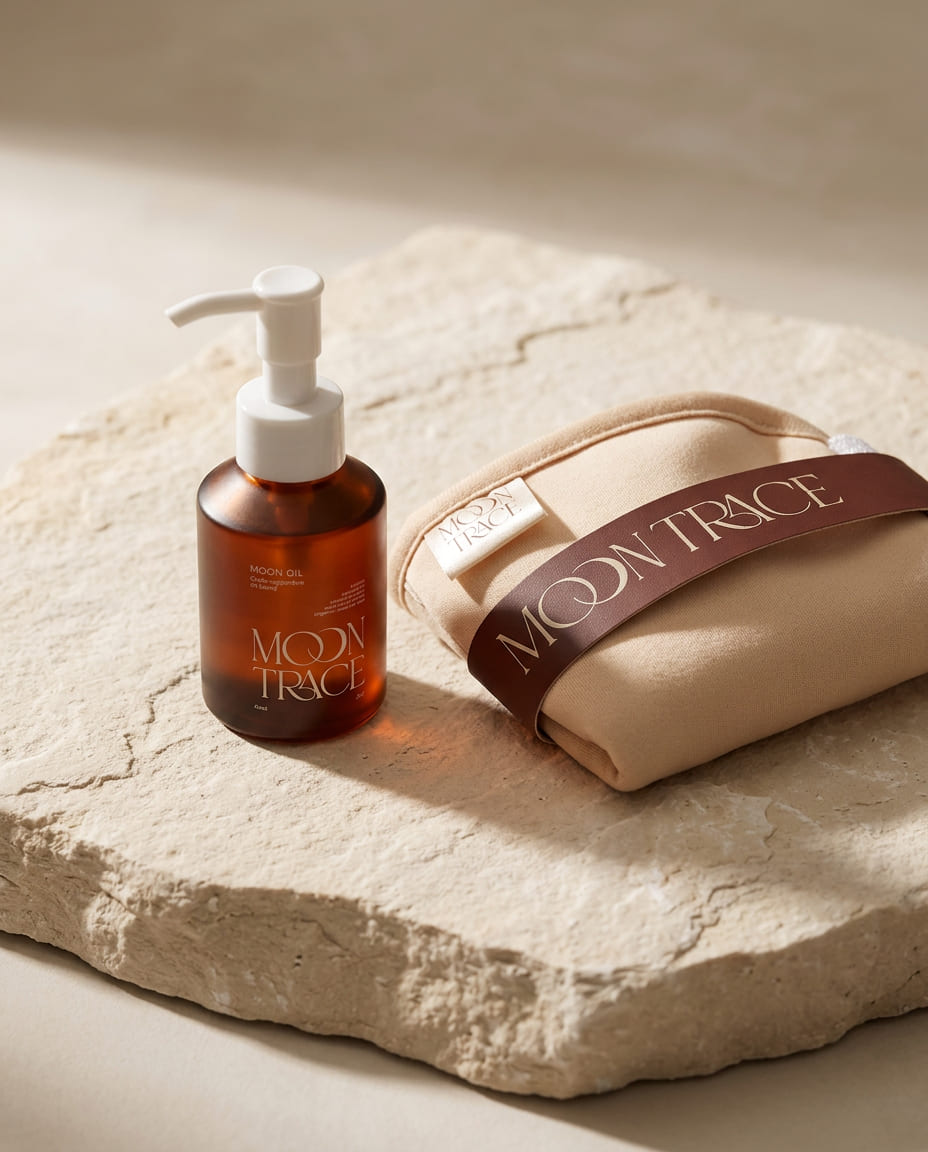 the moon trace moon duet with nourishing oil and wrap, created for hormonal balance and intentional women’s wellness