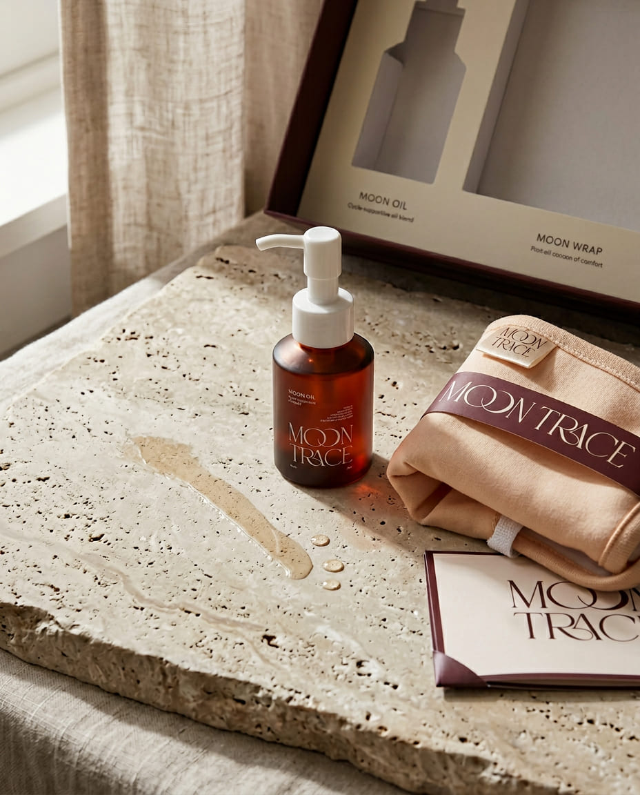 the moon trace moon duet box featuring oil, soft fabric wrap, designed for a gentle and intentional self-care experience