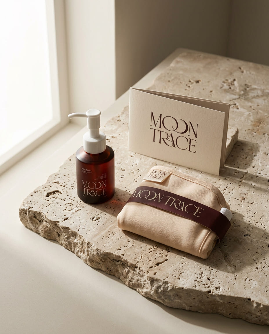 the moon trace moon duet box featuring oil, soft fabric wrap, designed for a gentle and intentional self-care experience