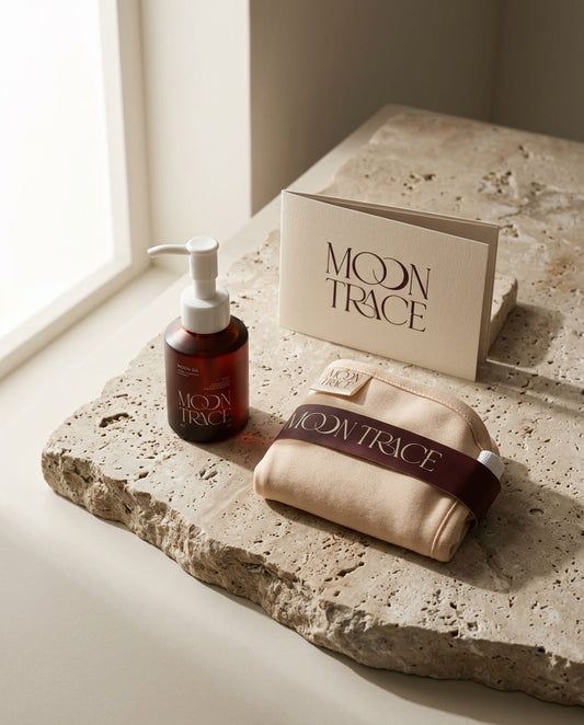 the moon trace moon duet box featuring oil, soft fabric wrap, designed for a gentle and intentional self-care experience
